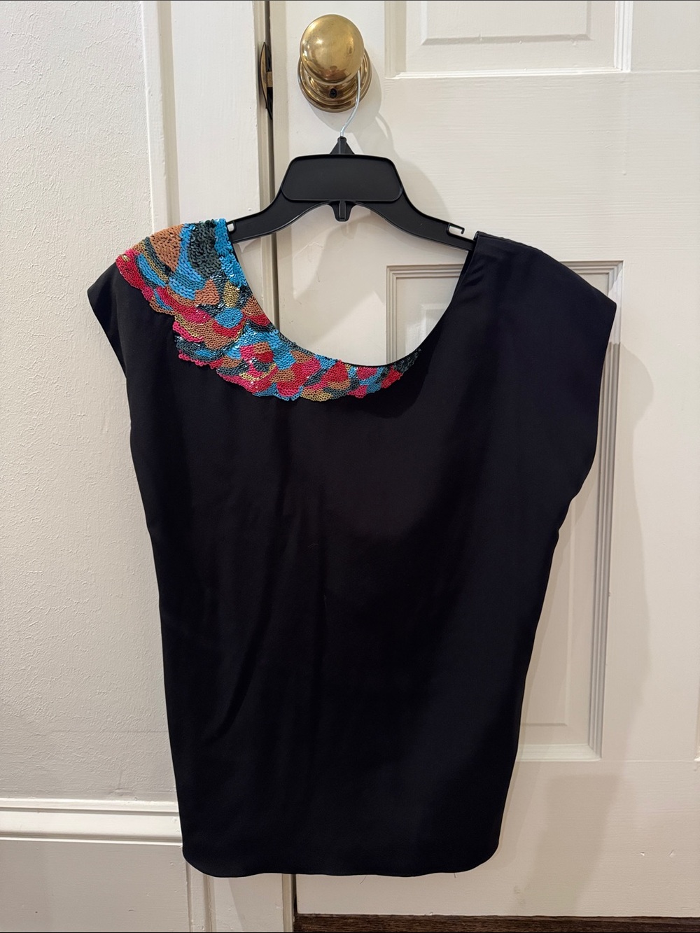 Tibi Black Top with Multicolor Beaded Scoop Neck